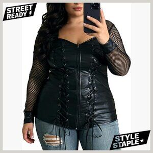 Plus Size Gothic Corset Top Lace Up Ribbed Crop Long Sleeve